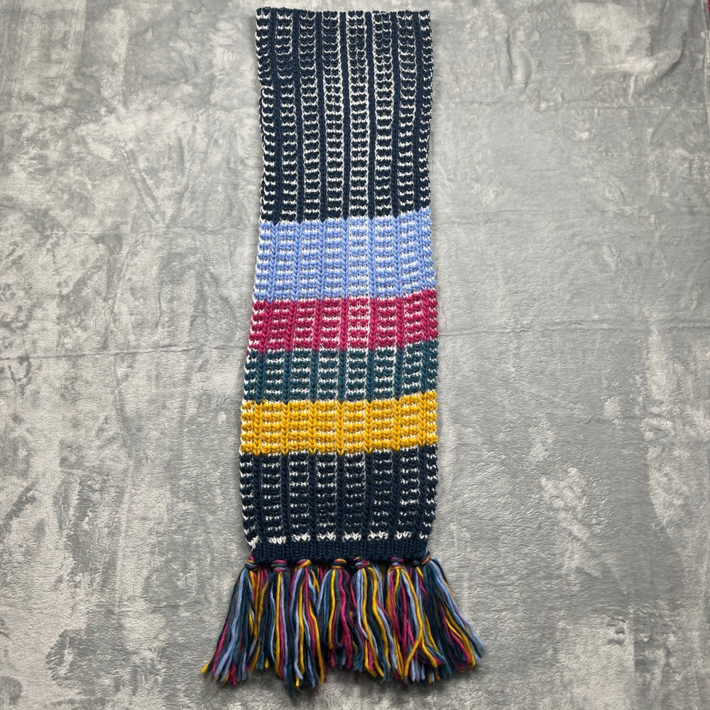 No Boundaries Scarf Striped Chunky Knit Tassel Acrylic Fringe Pink Blue Yellow
